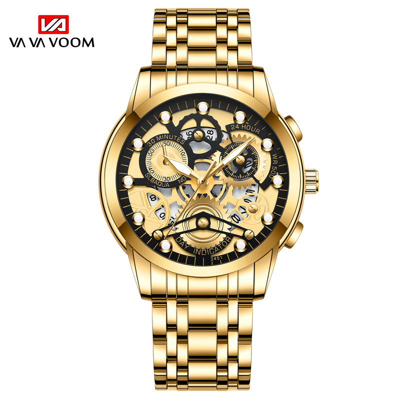 VAVA VOOM 2451 nuevo calendario falso Movimiento de cuarzo de tres ojos Reloj de correa de acero luminoso para hombres