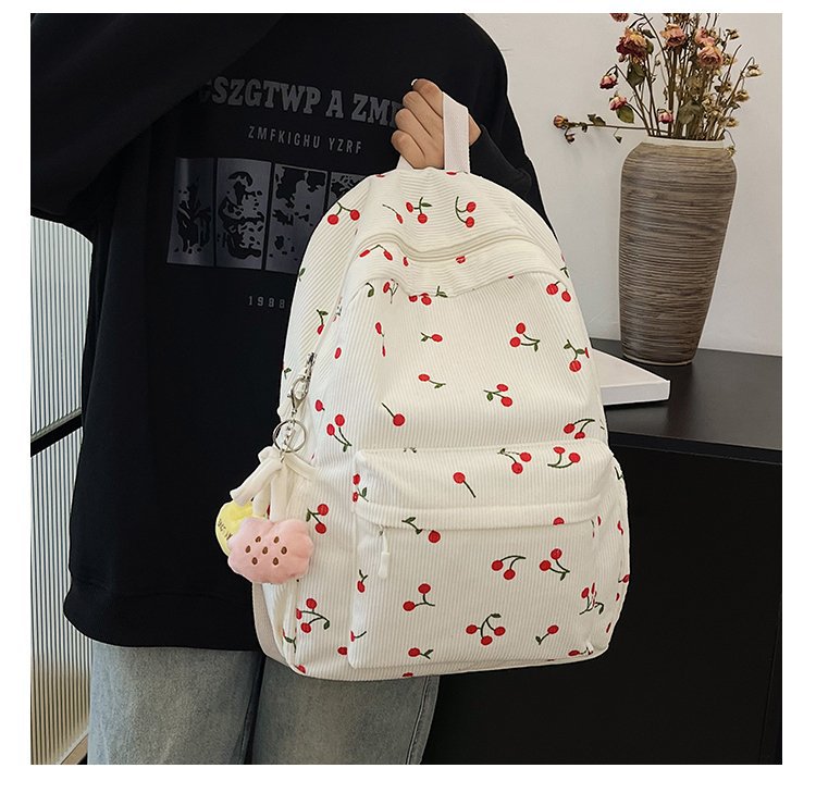 1197g Weight Polyester Lining Material Zipper Closure Type Double Shoulder Straps Strap Type Casual, School, Daily Occasion Corduroy Material Back To School Festival School Backpack Backpack Cherry Pattern All Seasons Season Women's Gender Cute Style Shell Shape Cherry Casual School Daily School Backpack 8