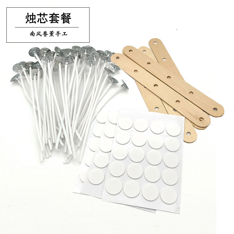 Scented Candle Wicks Combo Kit Smokeless Pure Cotton Wicks with Droplet Adhesive, Wooden Fixer DIY Handmade Set