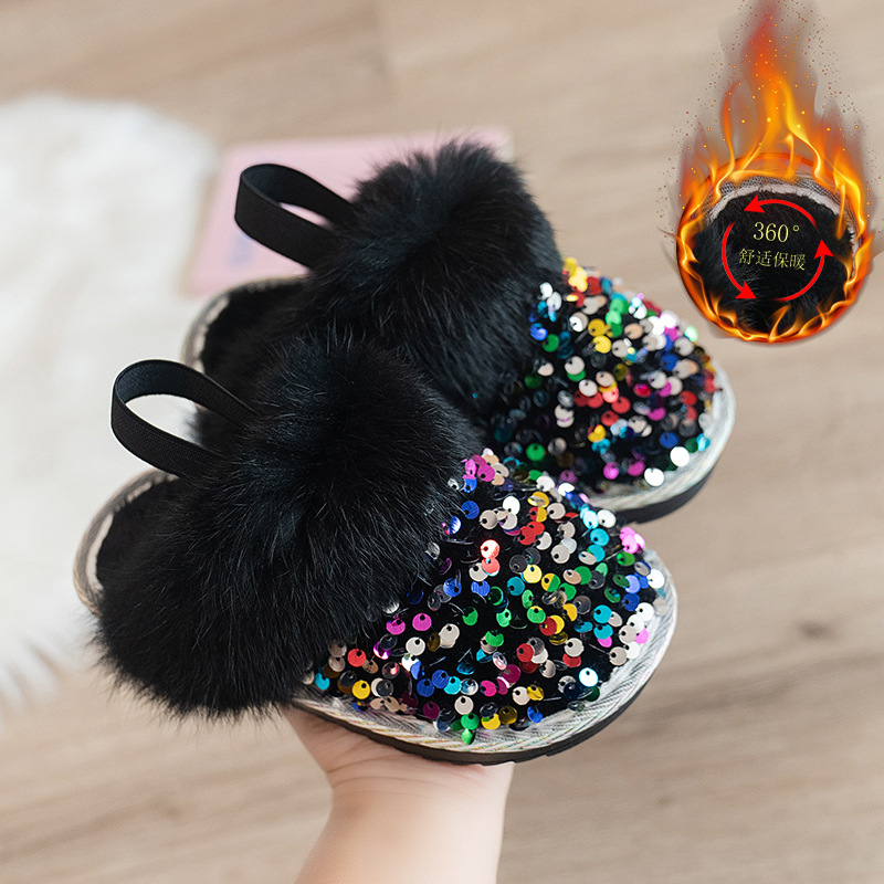 Girls' Cotton Slippers 2025 Winter Thickeneded Warm Kidsren's Snow Boots Sequined Baby Foot Warm Cotton Shoes Trendy