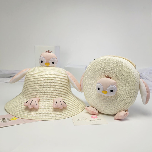 Summer Children's Straw Bag  New Crossbody Penguin Round Bag Mini Coin Purse Beach Bag Hat