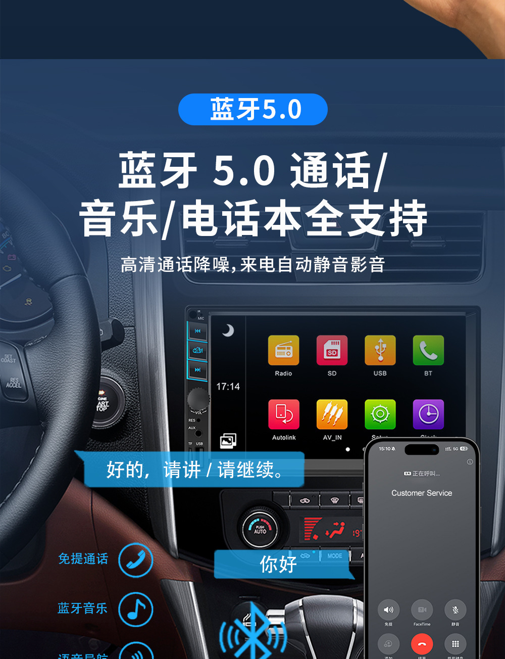 7inch MP5 Player Mobile Phone Connection Bluetooth Reverse Camera 12V/24V Universal Reverse Camera