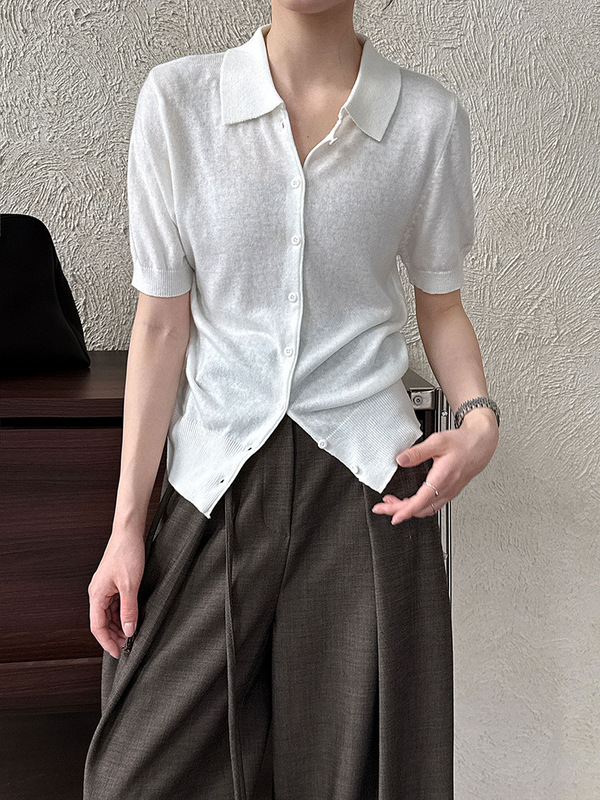 鹿西 刺繍入りポロ襟ニット半袖トップス レディース 秋新作 ウエストシェイプ 細見え 高級感トップス ss738|undefined