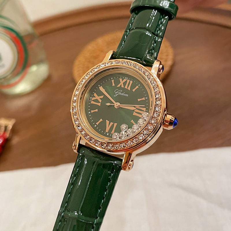 Yadan Damen-Armbanduhr Rolling 7 Happy Diamond Green, Echtlederarmband, wasserdicht, High-End-Mode, exquisite Damenuhr_voghion.com