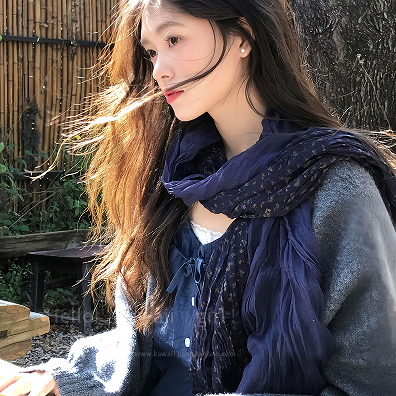 포레스트 스타일 복고풍 문학 네이비 블루 꽃무늬 스카프 주름진 면 및 린넨 긴 숄 분위기 있는 사진 액세서리