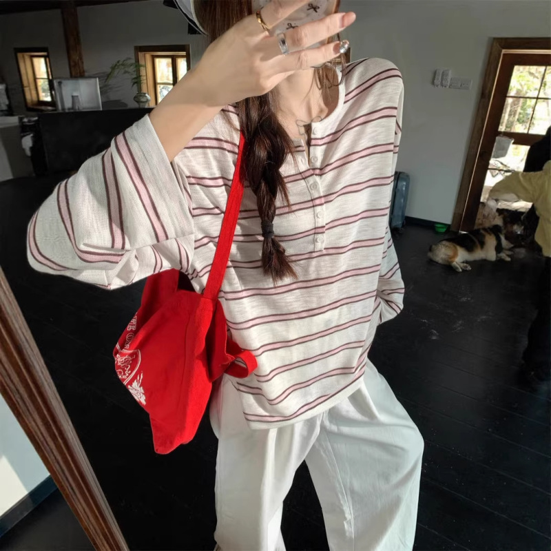 Loose and Casual Striped Long-Sleeve T-Shirt for Women, Half-Open Collar, Slimming Top, Sun Protection Clothing, Thin Cover-Up for Spring and Summer, Ice Silk Loose and Casual Striped Long-Sleeve T-Shirt for Women, Half-Open Collar, Slimming Top, Sun Protection Clothing, Thin Cover-Up for Spring and Summer, Ice Silk