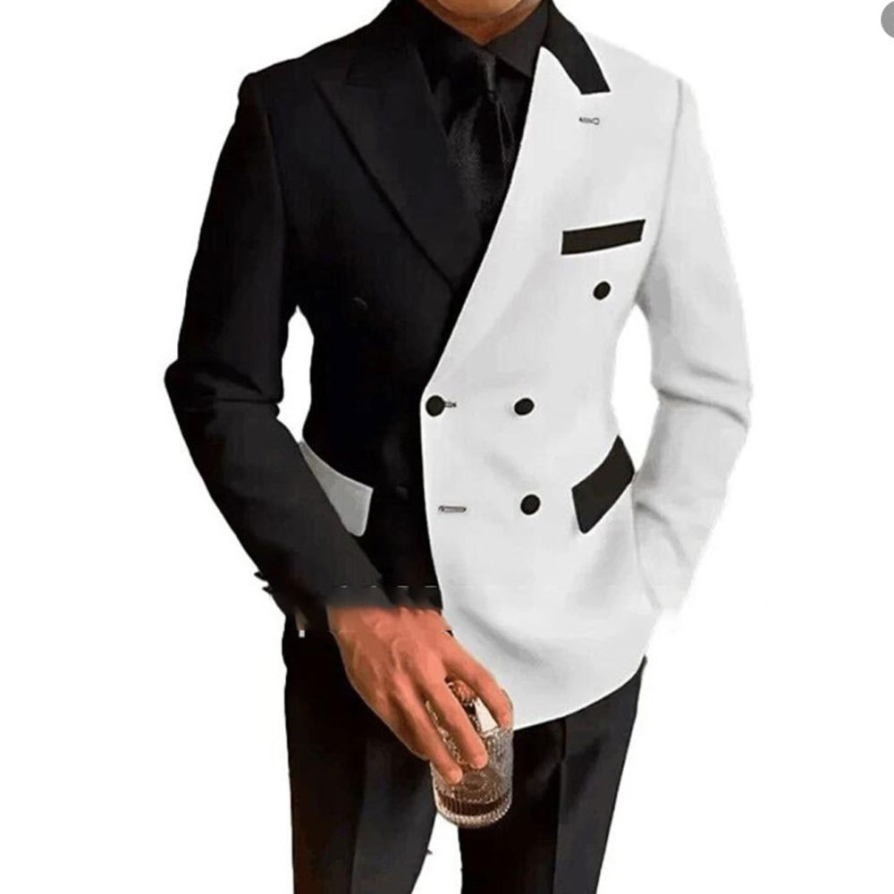 Korean-Style Casual Double-Breasted Stylish Light Business Color-Blocked Suit Set, Gentlemanly Men's Two-Piece Outfit with a High-End Feel