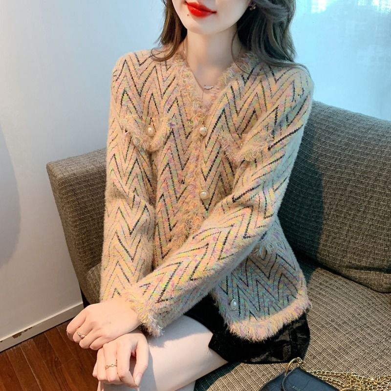 韩版流苏小香风仿水貂绒V领短外套女秋冬新款气质针织开衫上衣女|undefined