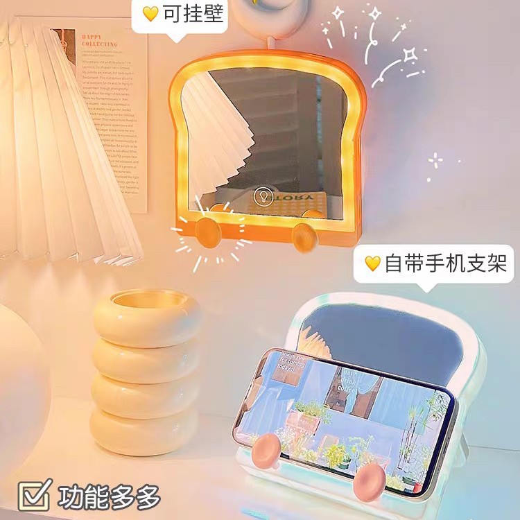 led pan tostado espejo de maquillaje con lámpara de escritorio soporte de escritorio plegable almacenar espejo de plástico doméstico