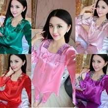 春秋季薄款冰丝绸睡衣女士长袖蕾丝夏季丝滑性感女两件套装家居服