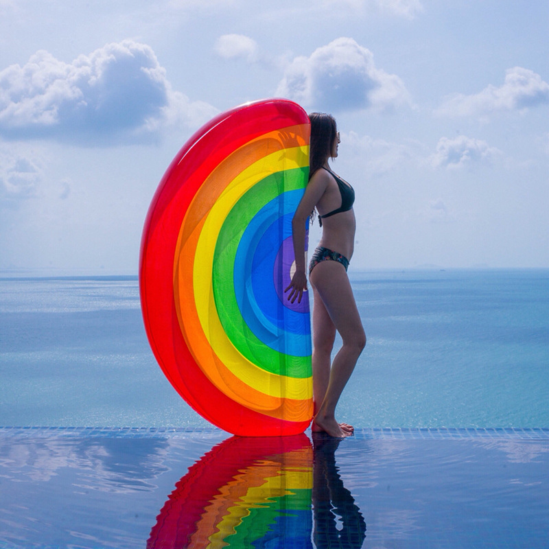 彩虹充气浮床180cm成人9彩专色丝印透明PVC彩虹浮排