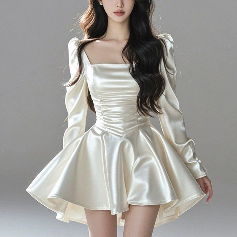 Pure Lust Sexy White Satin Square Neck Dress for Women in Autumn and Winter, High-End, Accessible Luxury, Slimming Look A-Line Skirt