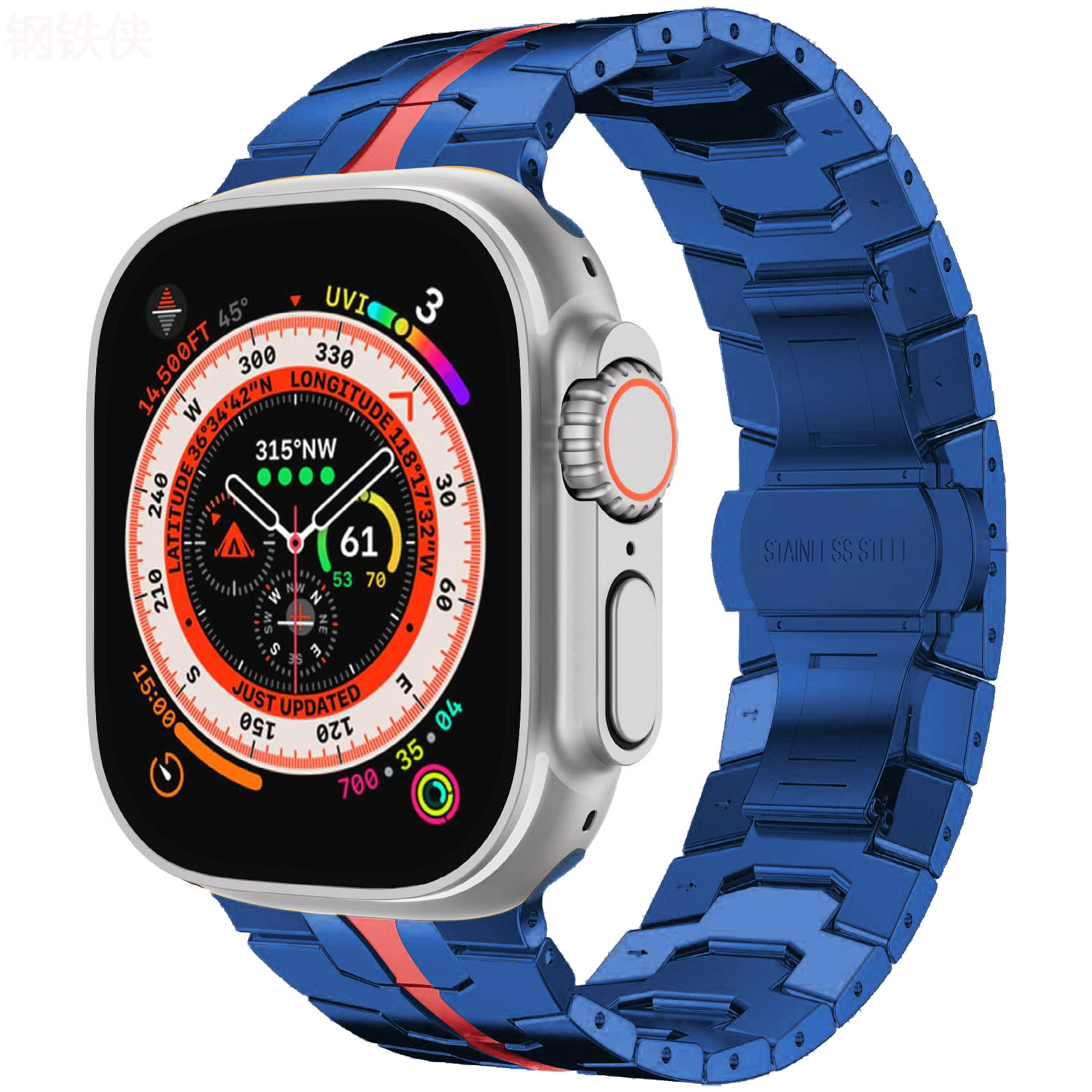 Adecuado para Apple Watch correa de acero inoxidable Apple Watch Ultra Iron Man cinturón de acero sólido hebilla de mariposa