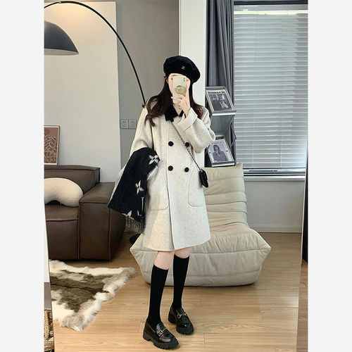 Collar Contrast Style Wool Coat for Women, Winter Medium Long Wool Blend Overcoat