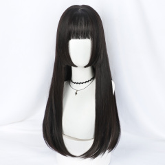 クラゲ姫髪スタイル黒ロングストレートかつら女性ミディアムロングヘア自然なリアリスティックフルヘッドカバー式赤姫カットlolita
