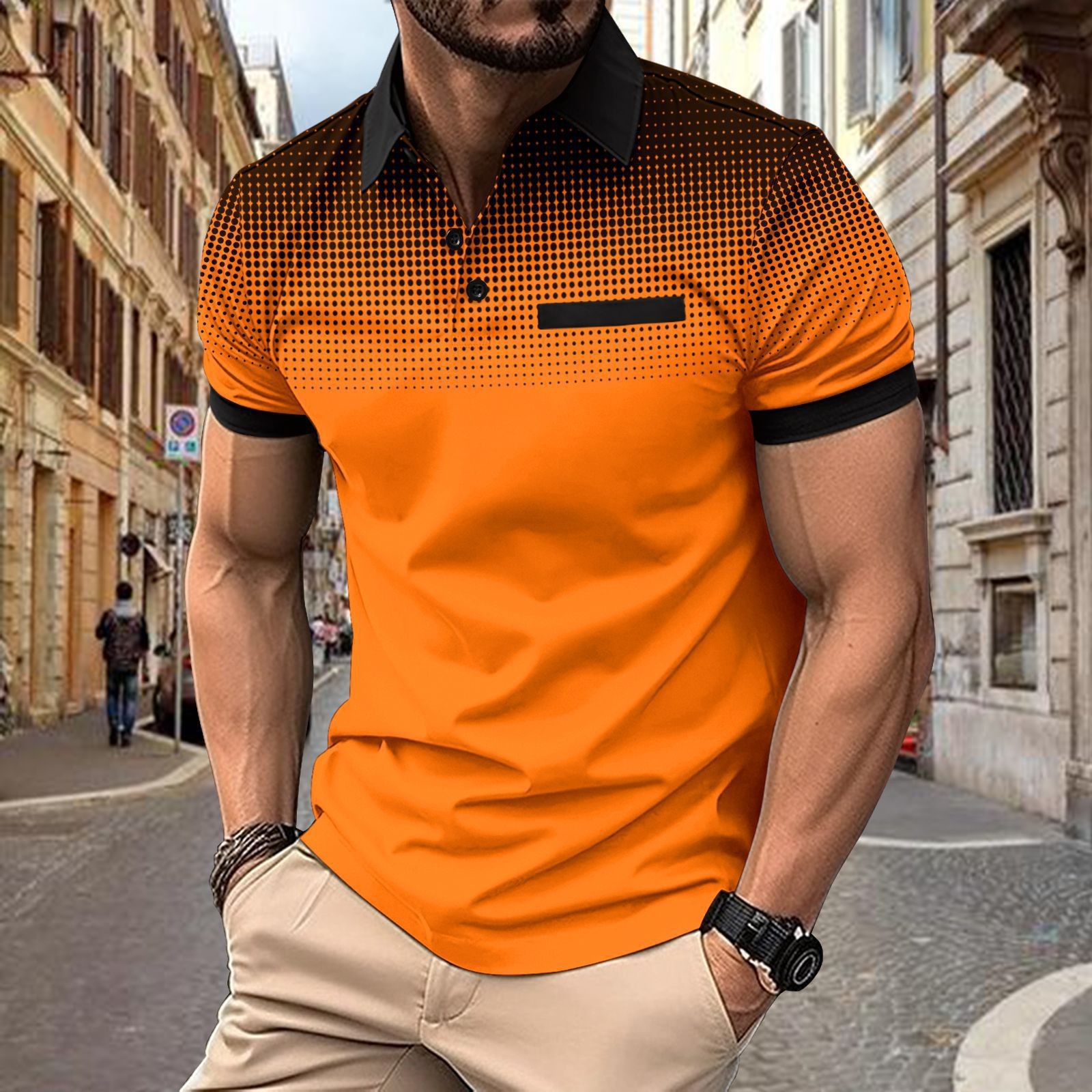 Polo de hombre con estampado 3D para comercio transfronterizo 2025, camiseta polo sin mangas informal con patrón para hombre, estilo D de seda helada.