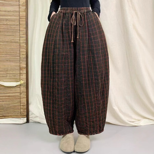 2024 Winter Artistic Retro Style Elastoic Waist Plaid Fried Color Cotton Pumpkin Pants All-match Warm Casual Cotton Pants for Women