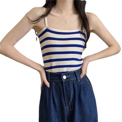 Chic and unique striped knitted camisole women's inner wear  summer niche outer wear short hot girl top trend