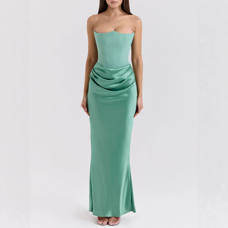 2026 European and American New Style Multi-Color Waist-Cinching Strapless Off-Shoulder Fishbone Pleated Long Bodycon Satin Dress