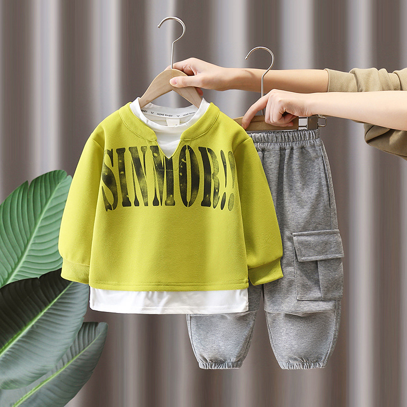 7840 traje de suéter para niños estilo occidental ropa de primavera para niños falso top de dos piezas 2025 nuevo conjunto de primavera y otoño primavera