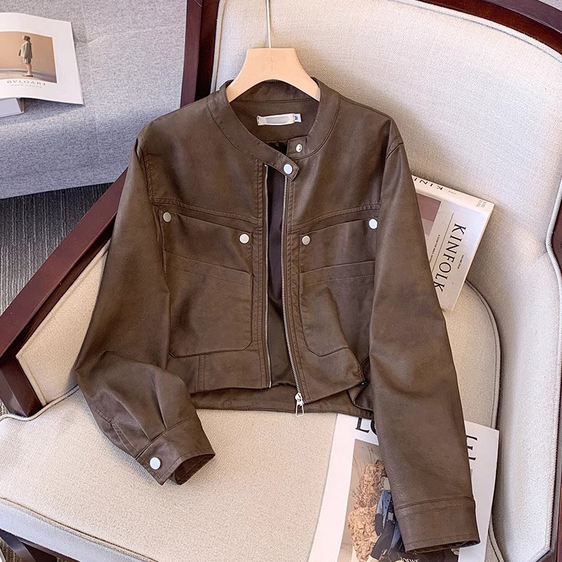 美式复古咖色皮衣短外套女士秋季新款小个子机车服立领皮夹克