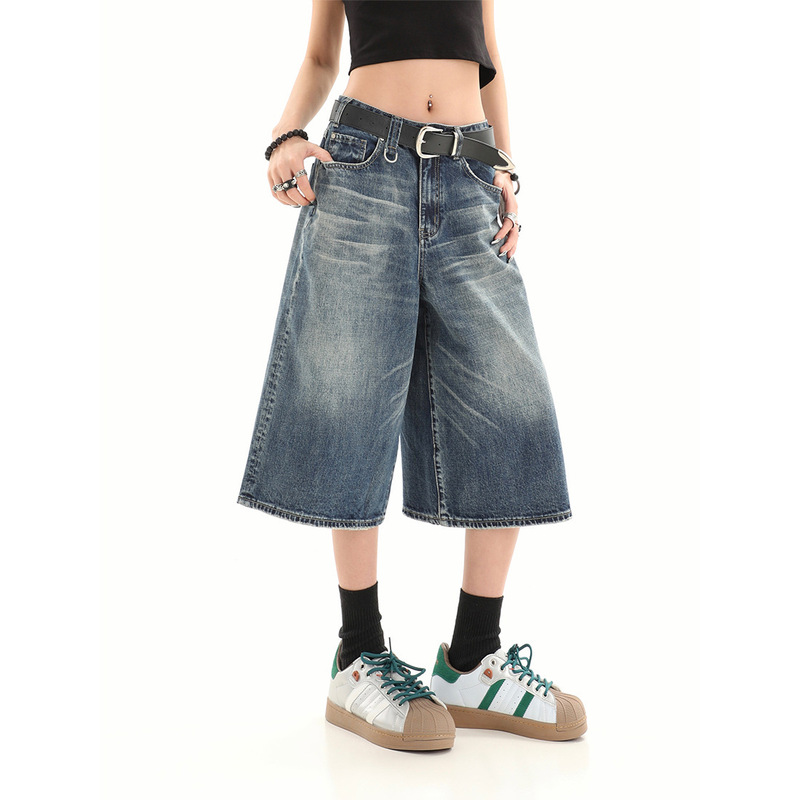 アメリカンレトロな女性の夏のハイストリートルーズシルエットウォッシュ加工オールドクロップドデニムショートパンツデザインワイドレッグミッドパンツ|undefined