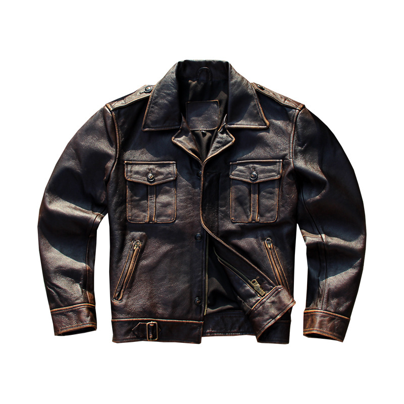 Vento británico chaqueta de cuero hombre retro hecho viejo traje de cuero de vaca corto delgado P37 chaqueta de cuero