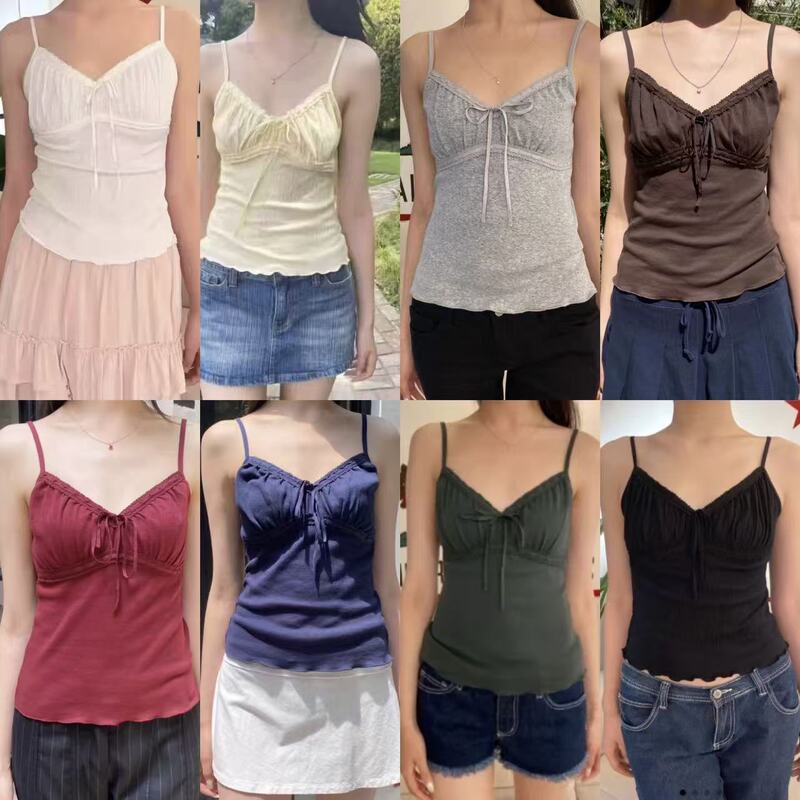 Bm Solid Color V-Neck Lace-Up Ruched Camisole Outerwear Vest for Women, Slim Fit, Adjustable Top