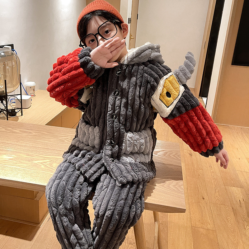 Children's pajamas Boys' winter flannel fleece-lined thickened three-layer quilted boys' autumn and winter coral fleece homewear