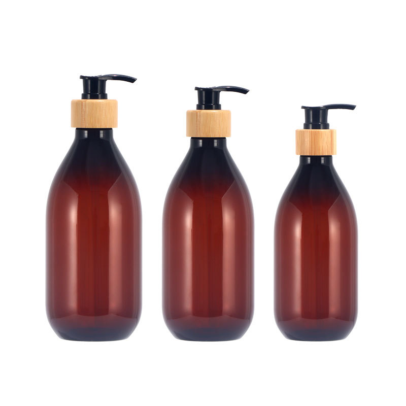 Botella negra de 500ml para desinfectante de manos, botella de loción con cabezal de bomba de madera de bambú de lujo accesible, botella de champú de 300ml