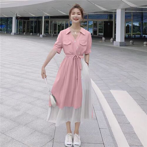 Fake two-piece short-sleeved V-neck mid-length dress 2025 summer meat-covering French long skirt waist-hugging women's skirt A-line skirt