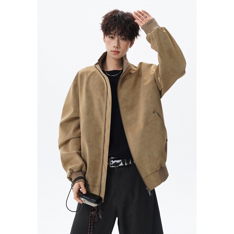 2026 Autumn and Winter New Large Size Imitation Suede Jacket Men's American Style Stand Collar Loose Retro Casual Leather Jacket Trendy