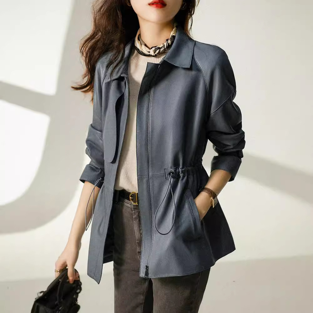 2025 Haining New Genuine Leather Jacket Women's Short Autumn Genuine Leather Sheepskin Square Neck Fashion Drawstring Korean Style Jacket