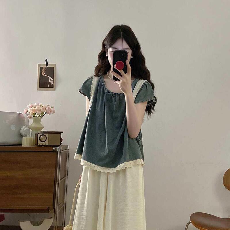 Summer Korean-Style Plus-Size Short-Sleeve Denim Shirt for Women, Loose Fit, Slimming, Stylish Outerwear, Trendy Off-Shoulder Top