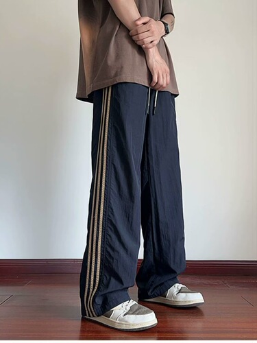 Summer American sweatpants loose thin three-bar new quick-drying ice silk pants men's wide-leg casual pants