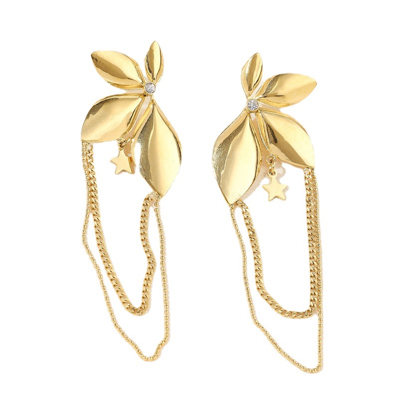 Stainless fashionable light luxury jewelry, large leaf shaped tassel style, golden titanium steel earrings, female_voghion.com