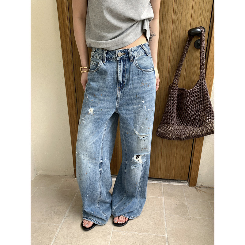 Icciicc Heavy-Duty Paint-Splattered Ripped Jeans for Women, American Style Trendy Slim Straight Pants, Summer 10950
