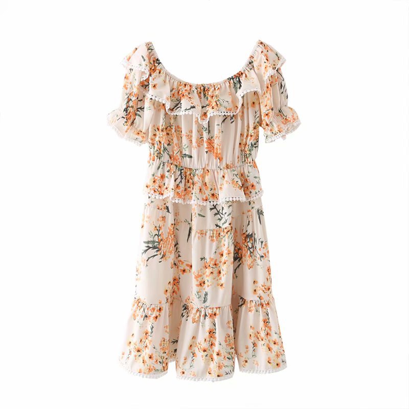 print bow halter short puff sleeve ruffle dress  NSAM27534