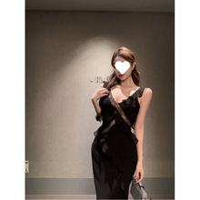 蕾丝拼接吊带连衣裙女夏季荷叶边鱼尾裙黑色收腰裙子纯欲包臀长裙