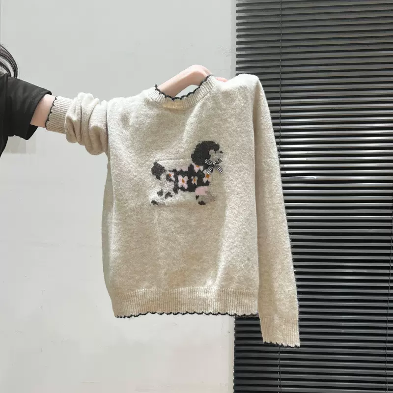 韩系刺绣小狗花边针织毛衣外套长袖秋冬新款加厚打底衫内搭上衣女