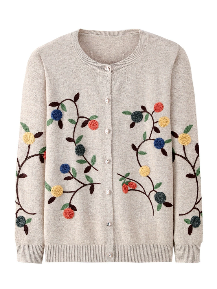 Mother Woolen Cardigan - Spring/Autumn Knit with Floral Embroidery, Sizes M-5XL, Camel/Red/Gray