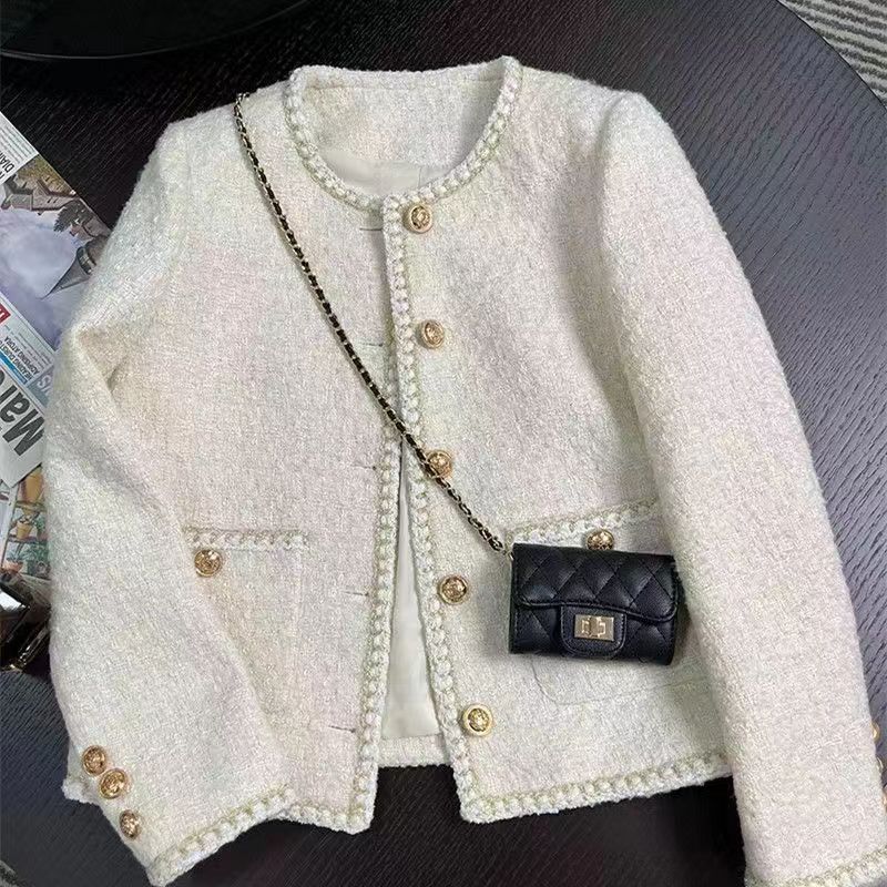 2023 New Autumn and Winter Korean Style Off-White French Short Style Small Fragrant Style Lady Tweed Jacket for Women