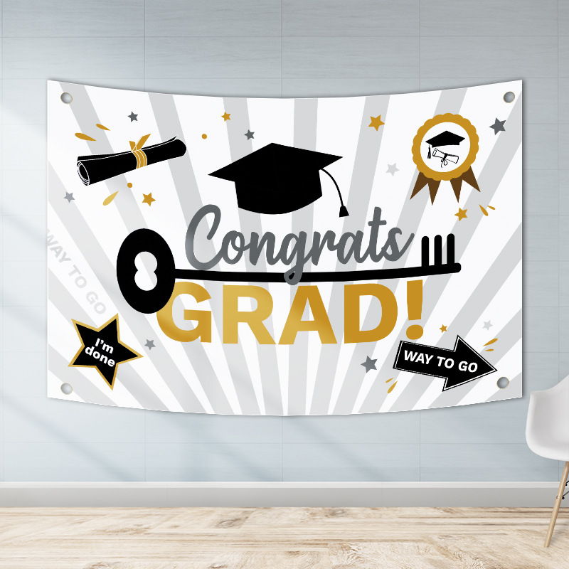 Banner de cartel de temporada de graduación transfronteriza nueva tela colgante fiesta de graduación decoración de fiesta impresión creativa tela de fondo de oro negro image 3