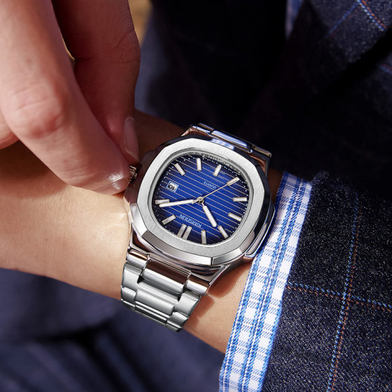 Jinshidun brand fake mechanical watch men's fashion steel belt calendar luminous hollow transparent quartz watch wholesale