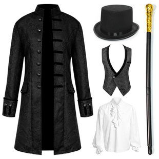 Halloween Amazon European and American Men's Outwear Jacquard Jacket Medieval Mid-Length Retro Stand-Up Collar Performance Clothing