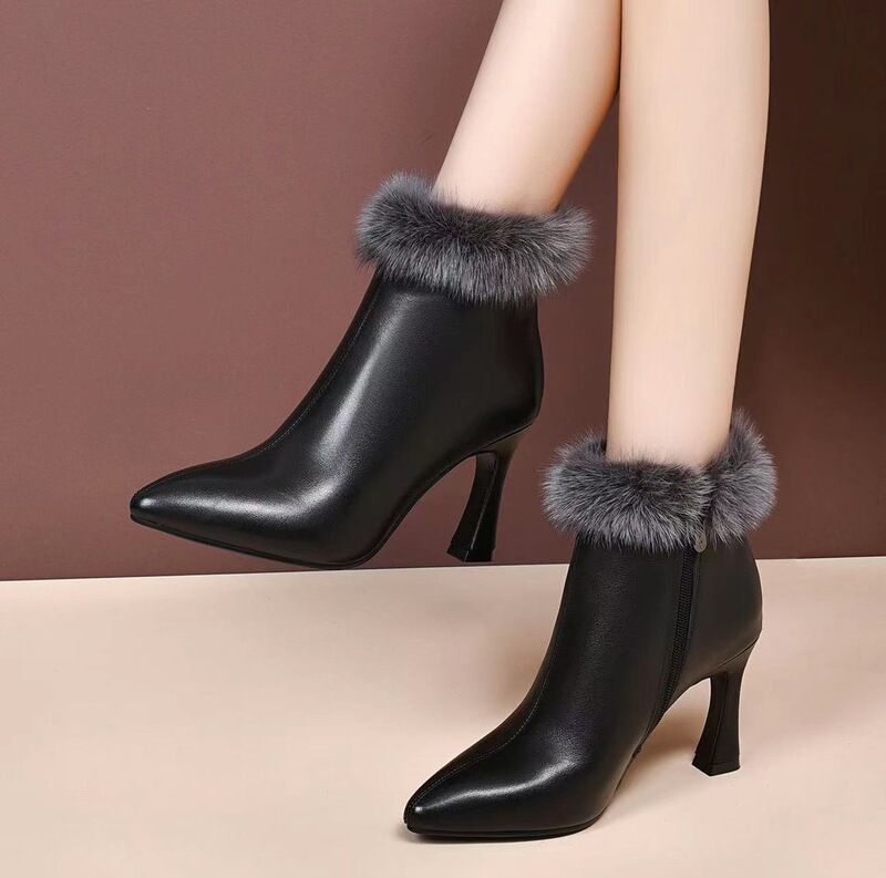 Mink fur high heels women 2024 new autumn and winter cowhide pointed stiletto heel short boots fleece-lined leather women's boots