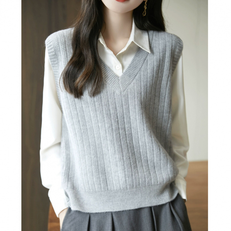 2025 nuevo chaleco de punto de mujer suéter de hombro sin mangas perezoso con cuello en V chic plegado chaleco superior image 1