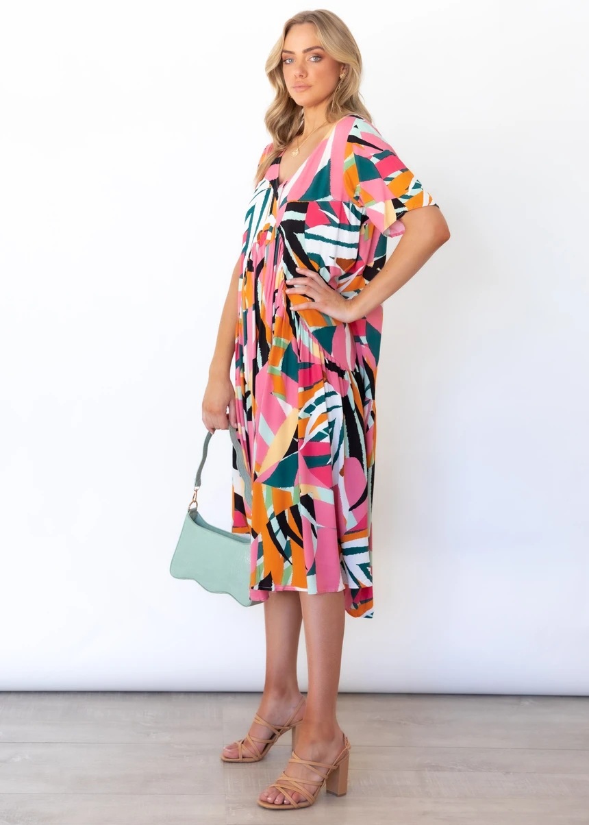 Printed Loose V-Neck Short-Sleeved Dress NSJRM113914