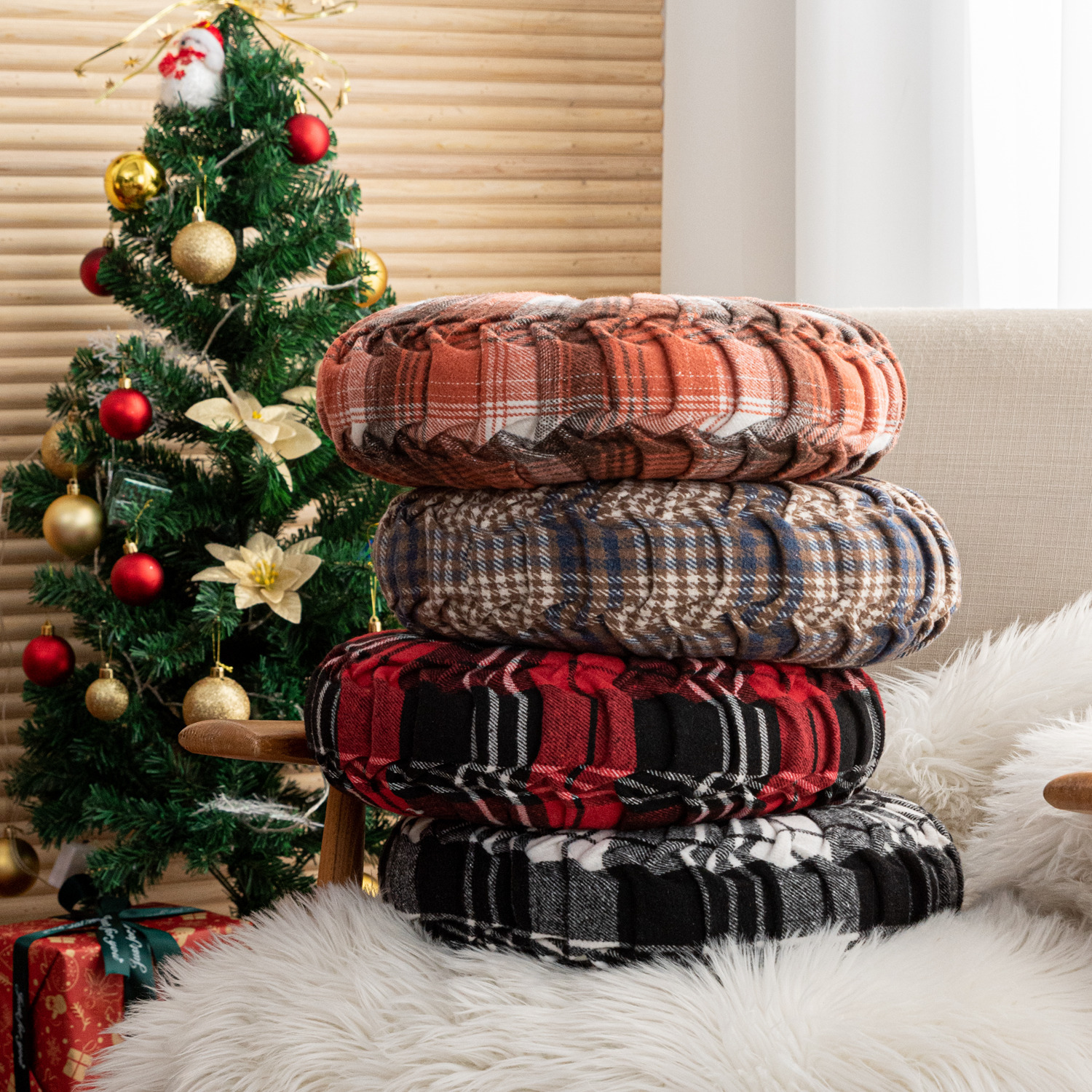 跨境新款欧美ins风圣诞格子圆形抱枕 网红南瓜靠枕手工车轮靠垫|ms