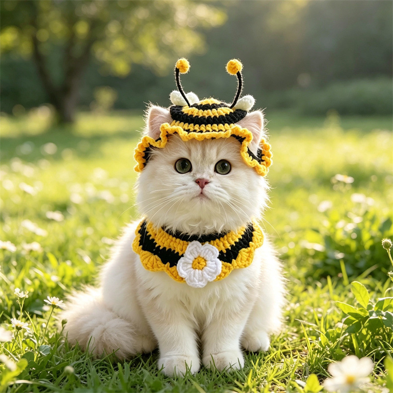 Pet woolen bee hat and neck warmer set, cute little animal headgear, knitted neck warmer accessory, photo prop